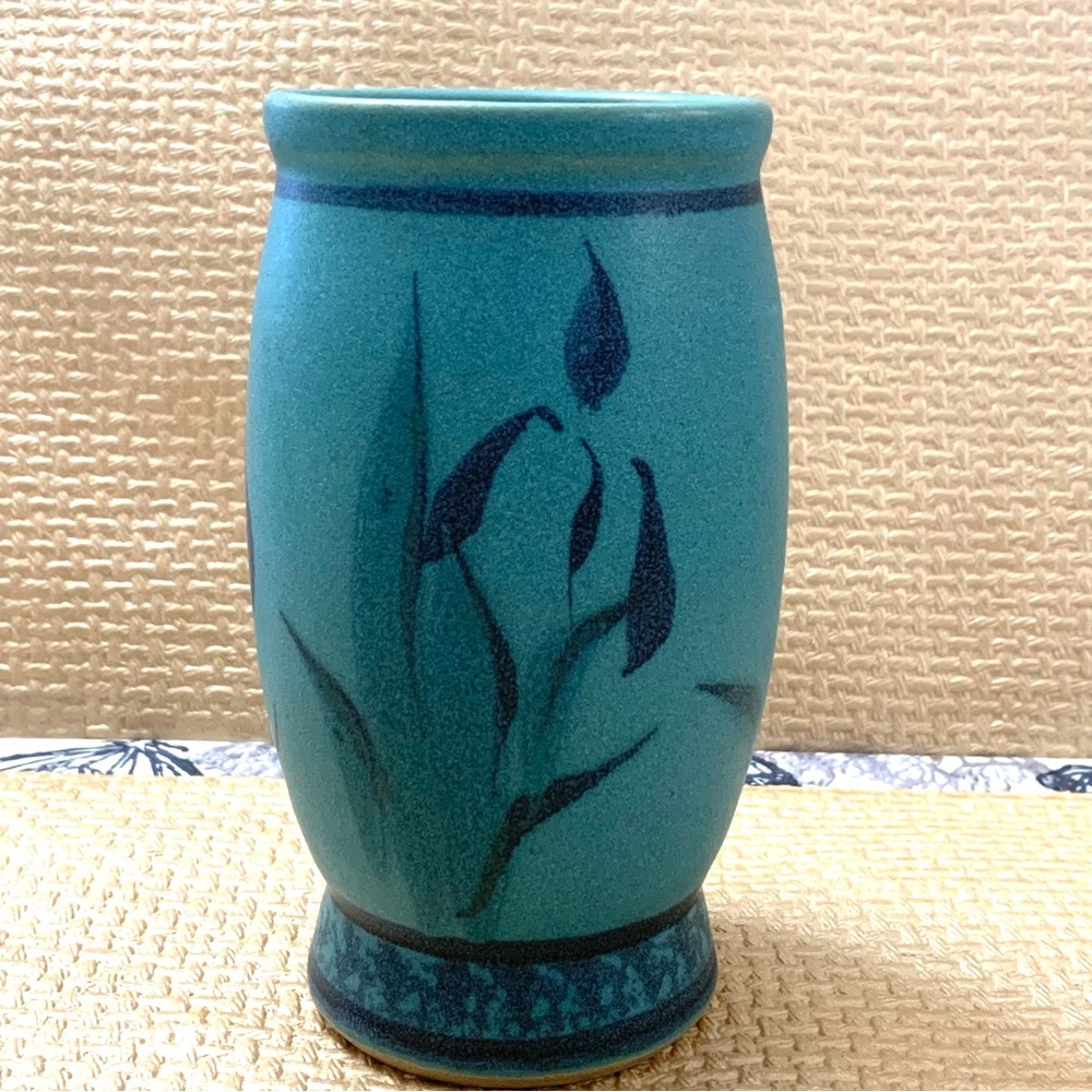 Studio Art Pottery Celadon Vase with Painted Irises signed